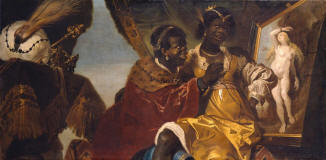 Karel_van_Mander_III-Persina_sitting_on_Hydaspes-lap_looking_at_a_painting_of_Andromeda-1650